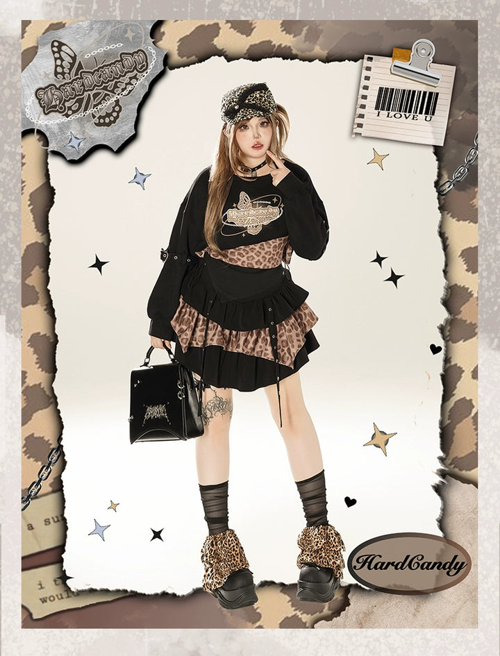 Plus Size Gyaru Outfit Set Leopard Plaid Skirt Set 39400:627836