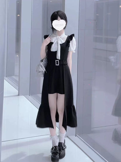 Jirai Kei Dress Faux Two-piece Dress Ruffle Irregular Dress (L M S / Black) 37844:574030
