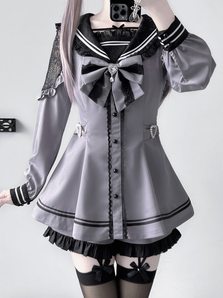 Jirai Kei Dress Set Sailor Collar Long-sleeved Dress 34502:734663