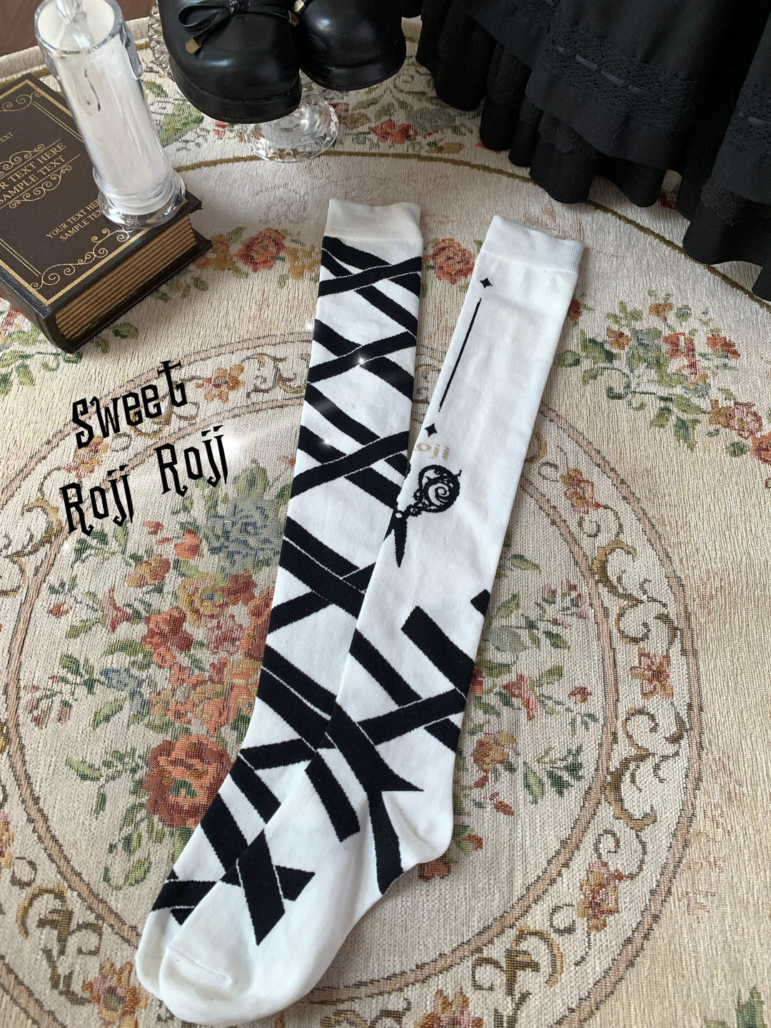 Gothic Lolita Over-the-Knee Socks, Scissor & Ribbon Patterns (White) 44715:822270