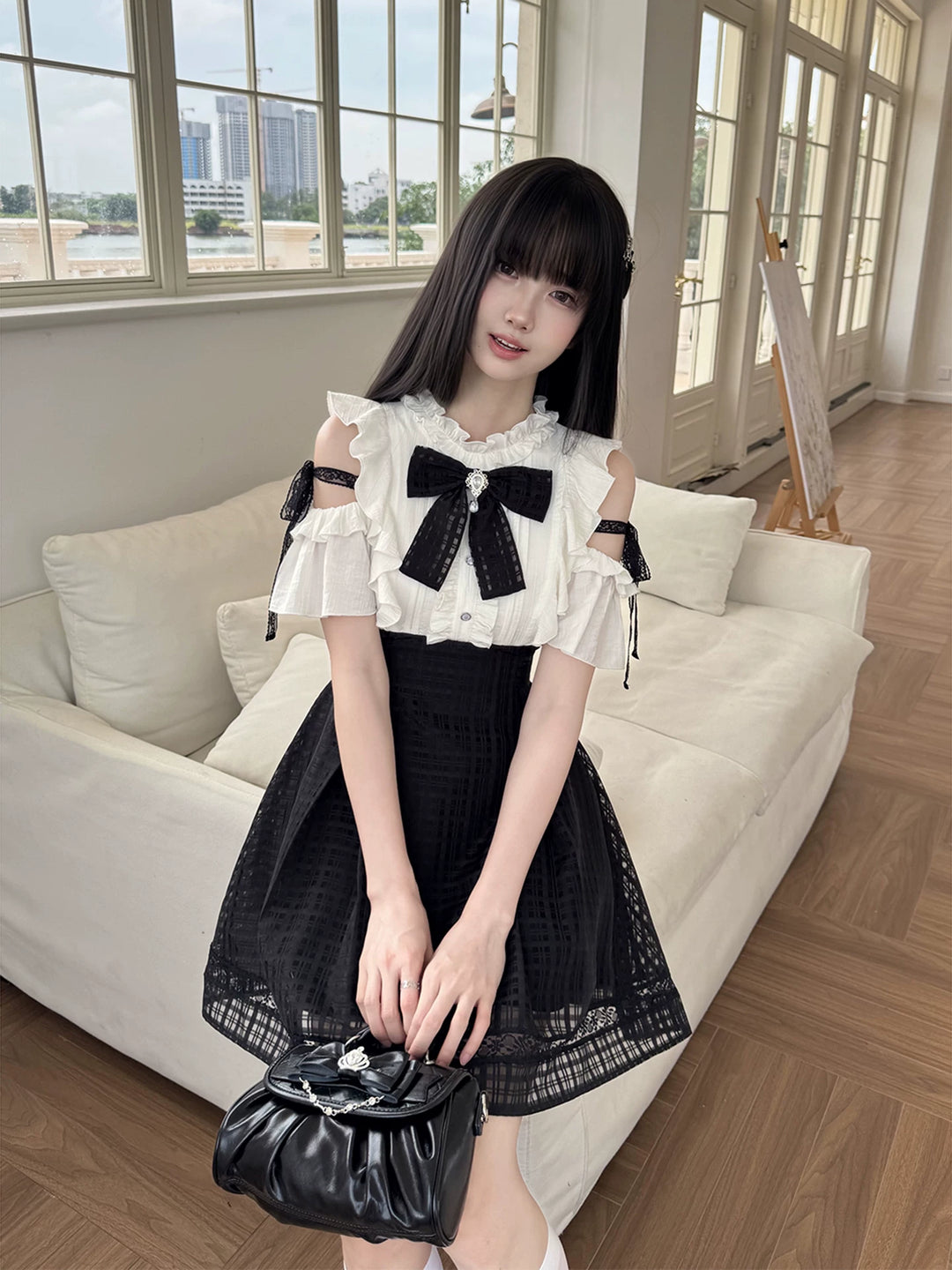 Seiso Kei Open Shoulder Dress, Black Lace Straps 45799:863048