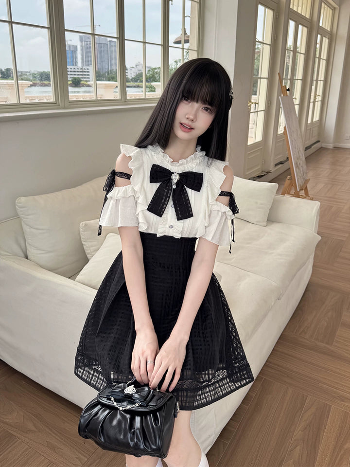 Seiso Kei Open Shoulder Dress, Black Lace Straps 45799:863048