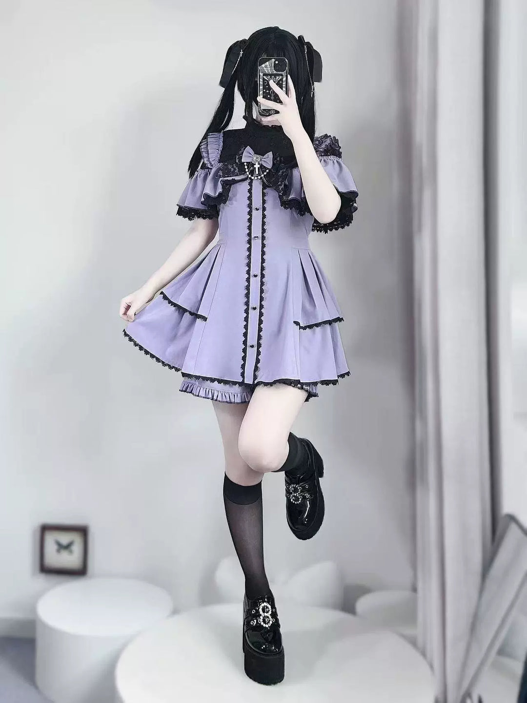 Flounce Cape Jirai Kei Dress, Cross Pendant 43780:785547