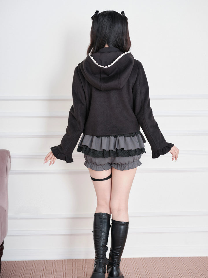 Ryousangata Hooded Solid Coat, Ruffled Neckline 45955:870313