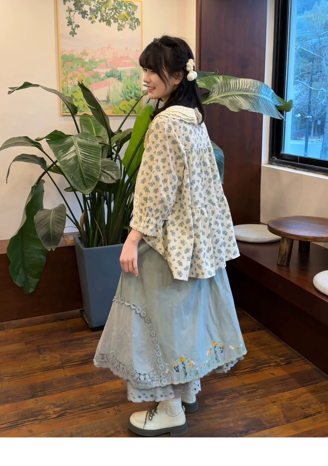 Mori Kei Skirt Sweet Retro Linen Embroidered Long Skirt 41802:714124