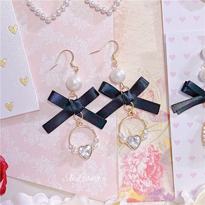 Black Jirai Kei Earrings Heart Rhinestone Bow Ear Clips 33796:449968