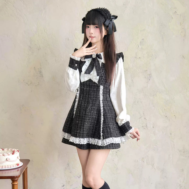 Winter Jirai Kei Dress Set Black Plaid Dress And Shorts Set 41406:701016