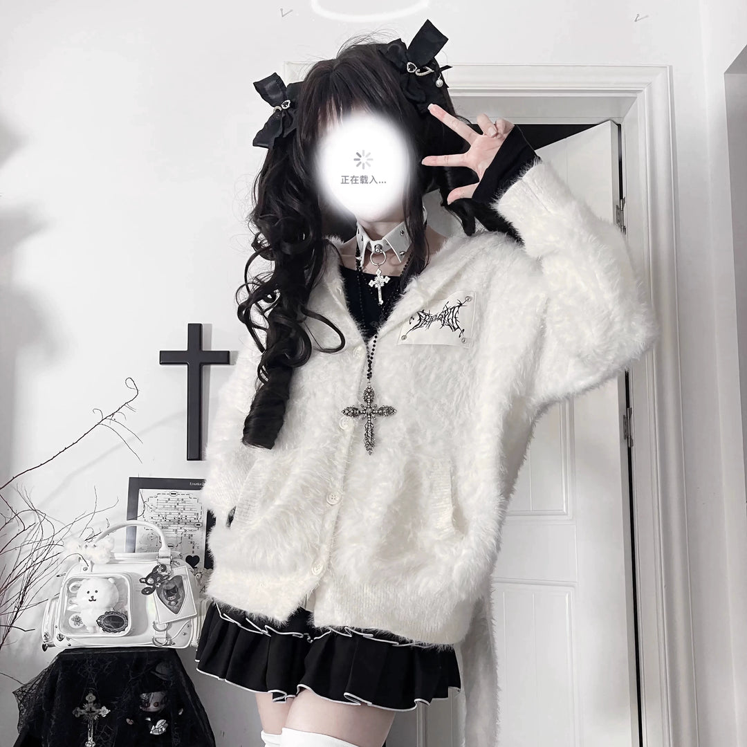 White/Black Knitted Coat, Long Bunny Ear Hood 44334:804898