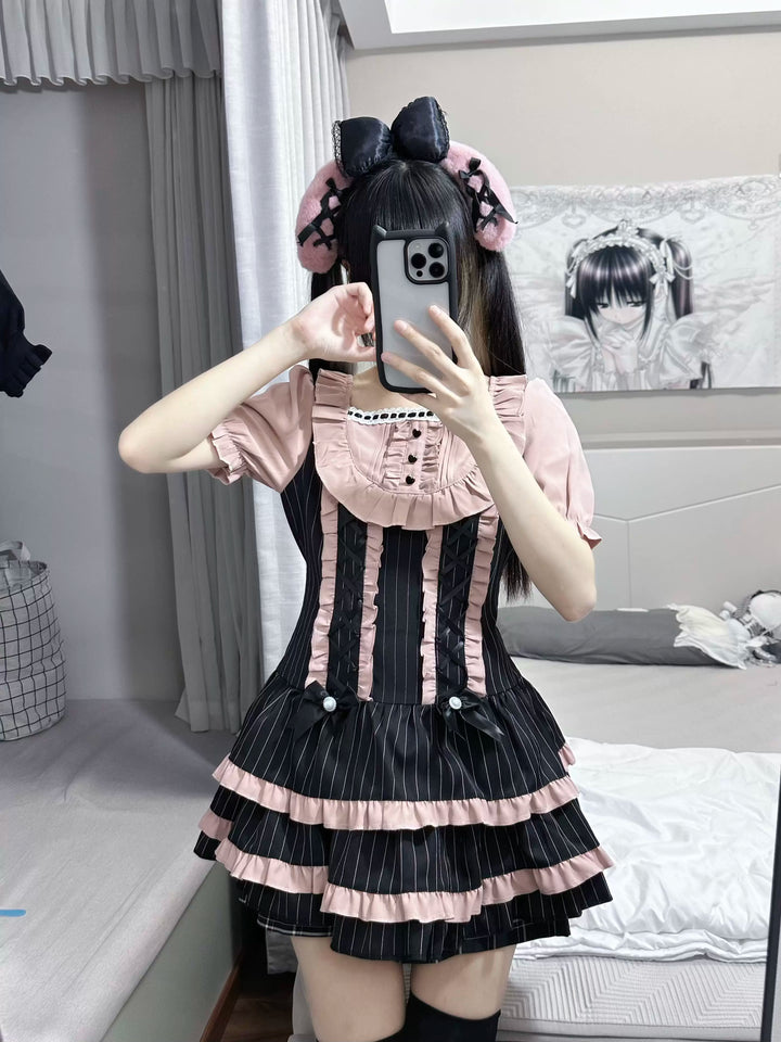 Jirai Kei Low Waist Striped Dress, Detachable Hem Bows (L M S XL) 45831:864456