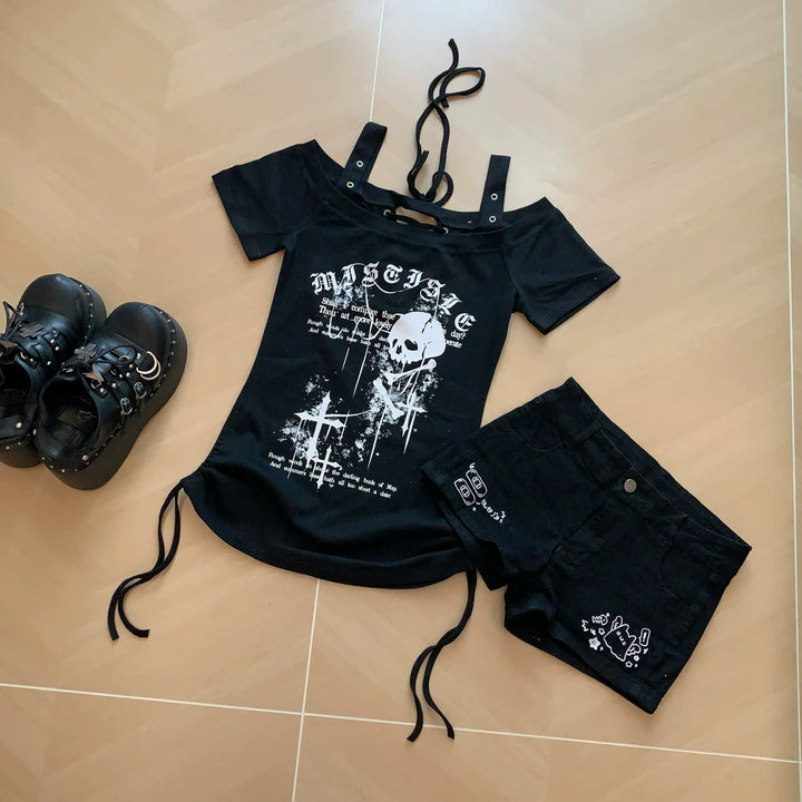 Subculture Skull Printed T-Shirt, Side Drawstring (L M S) 45643:858217
