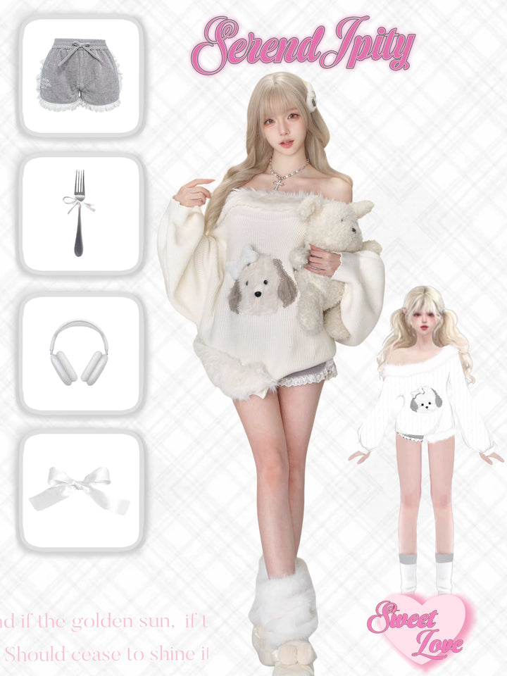 Kawaii White Off-Shoulder Sweater And Grey Shorts 41126:692112