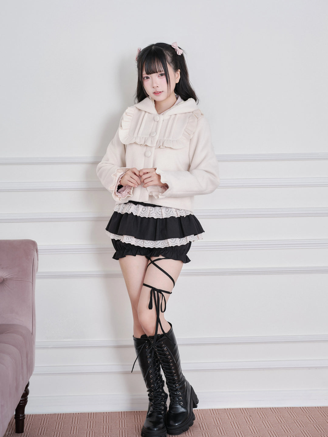 Ryousangata Hooded Solid Coat, Ruffled Neckline 45955:870329