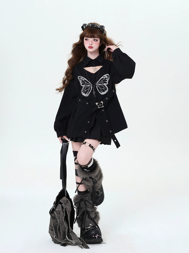 Gyaru blouse Subculture Embroidered Butterfly Shirt Long Sleeve Top 39690:633934