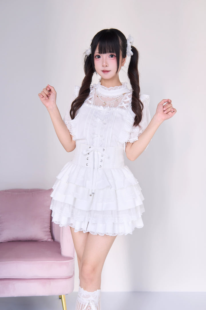 Jirai Kei Pearl Necklace Blouse & Lace-up Cake Skirt Set 43019:765674