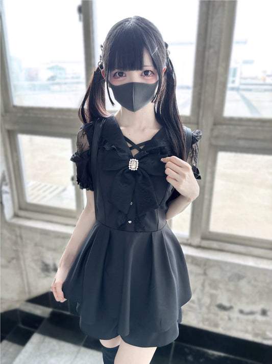 Jirai Kei Dress Set Black Short Sleeve Dress And Shorts (L M) 37848:571580