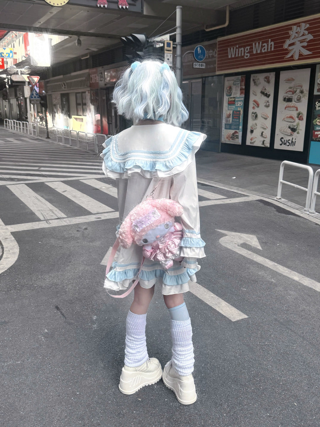 Yami Kawaii Blue White Dress with Sailor Collar & Cross Spiderweb Print 42855:758670