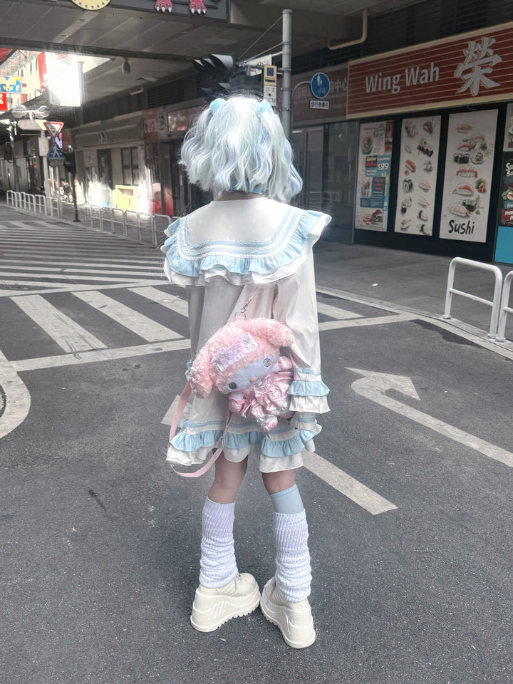 Yami Kawaii Blue White Dress with Sailor Collar & Cross Spiderweb Print 42855:758670