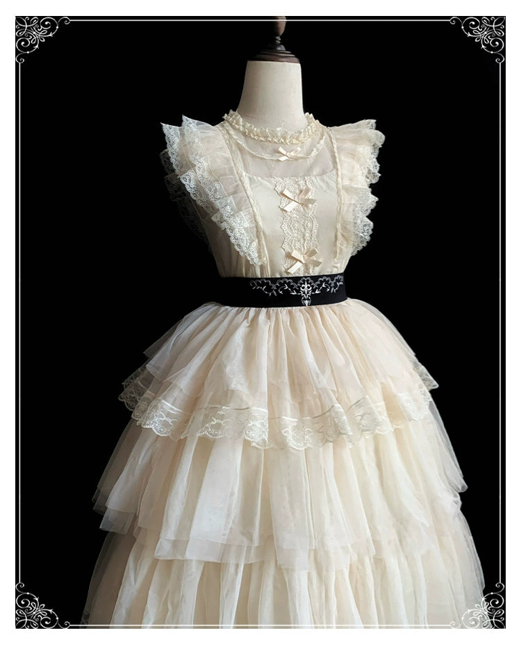 Classic Lolita Dress With Large Flounce Hem And Beige Puff Sleeves Shirt 38068:608732