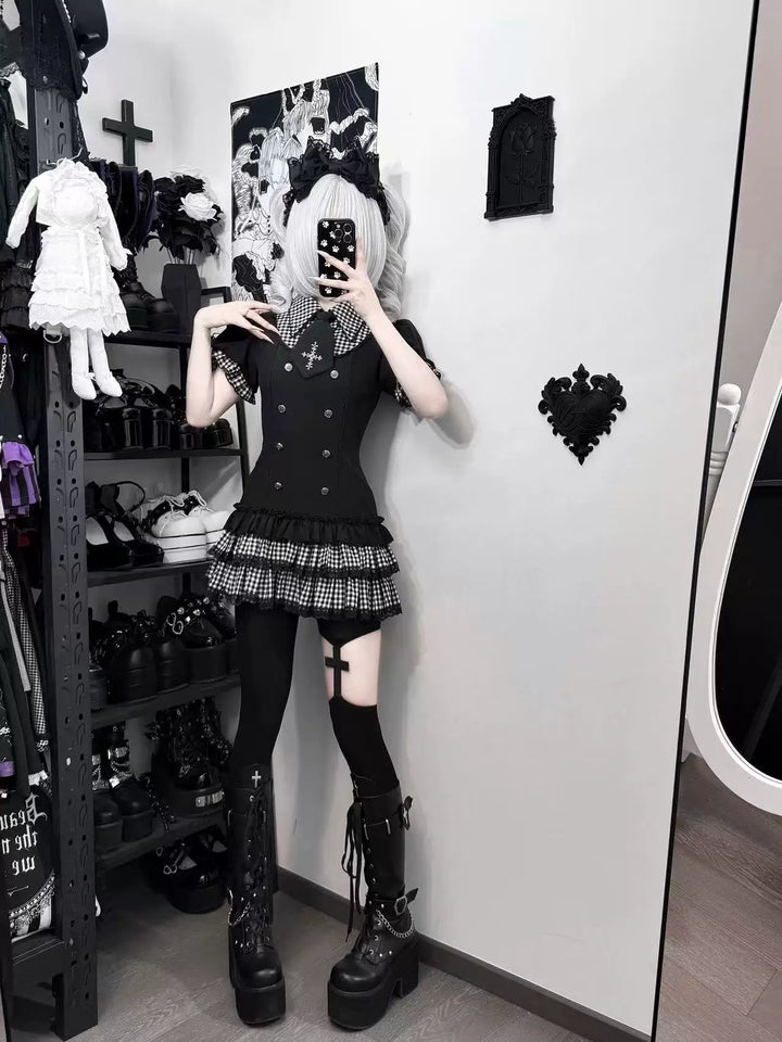 Low-Waist Jirai Kei Dress Set, Cross Embroidery 44780:826720