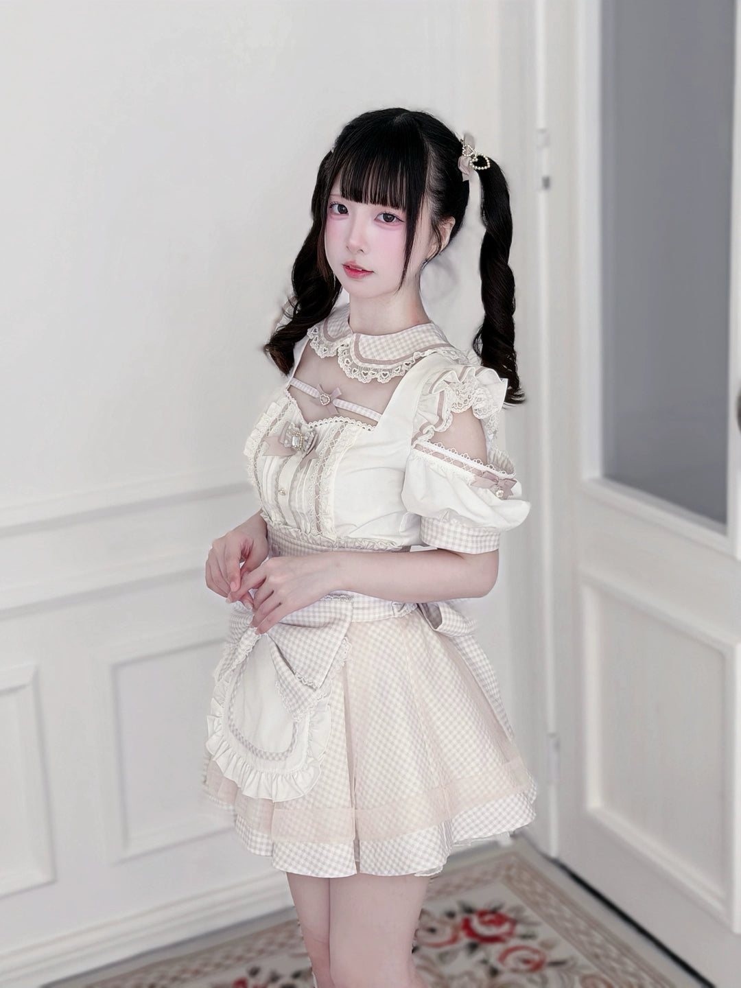 Jirai Kei Gingham Maid Blouse and Skirt Set, Detachable Apron 45659:858695
