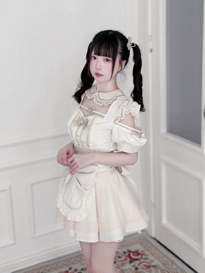 Jirai Kei Gingham Maid Blouse and Skirt Set, Detachable Apron 45659:858695