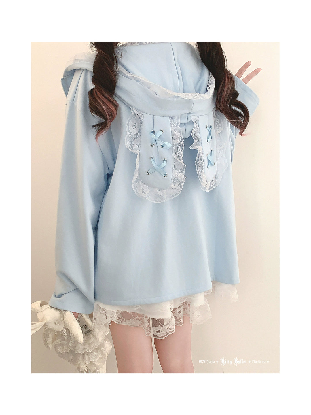 Kawaii Zipper Closure Jacket, Lace Bunny Ear 44002:792502