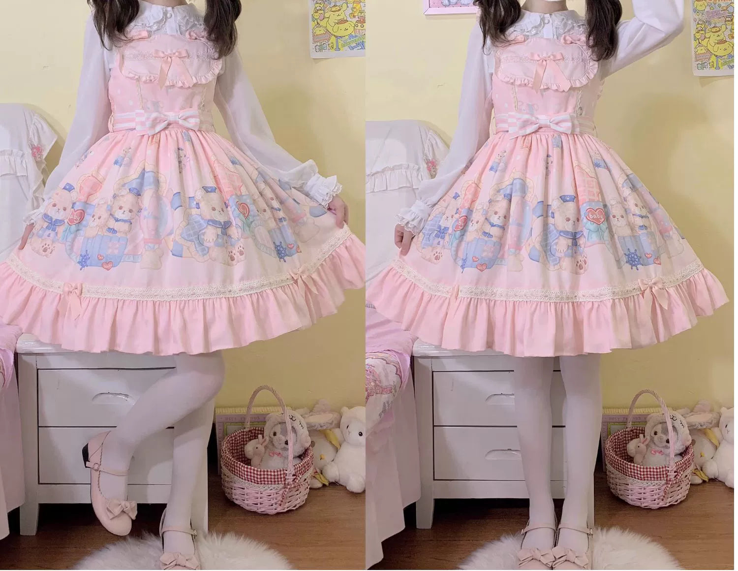 Sweet Lolita Dress Bear Print Jumper Dress Kawaii Salopette 37288:555390