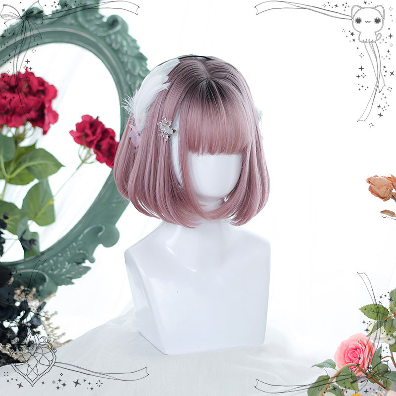 Lolita Fashion Black/Gray/Light Blue Air Bangs Bob Wig 22810:330546