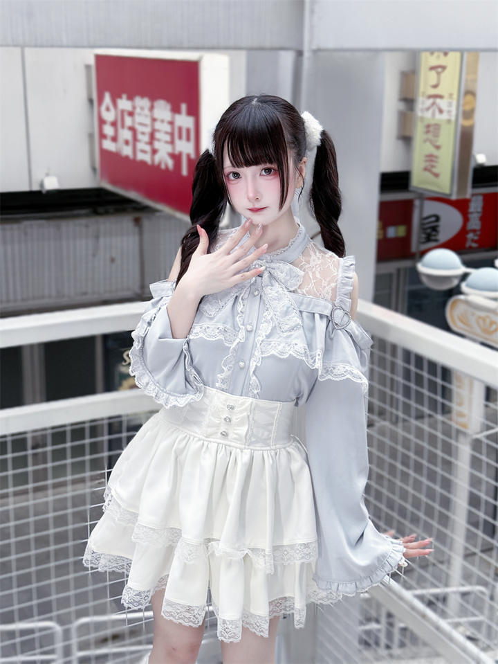 Jirai Kei Open Shoulder Blouse + Tiered Ruffles Skirt 43686:782897