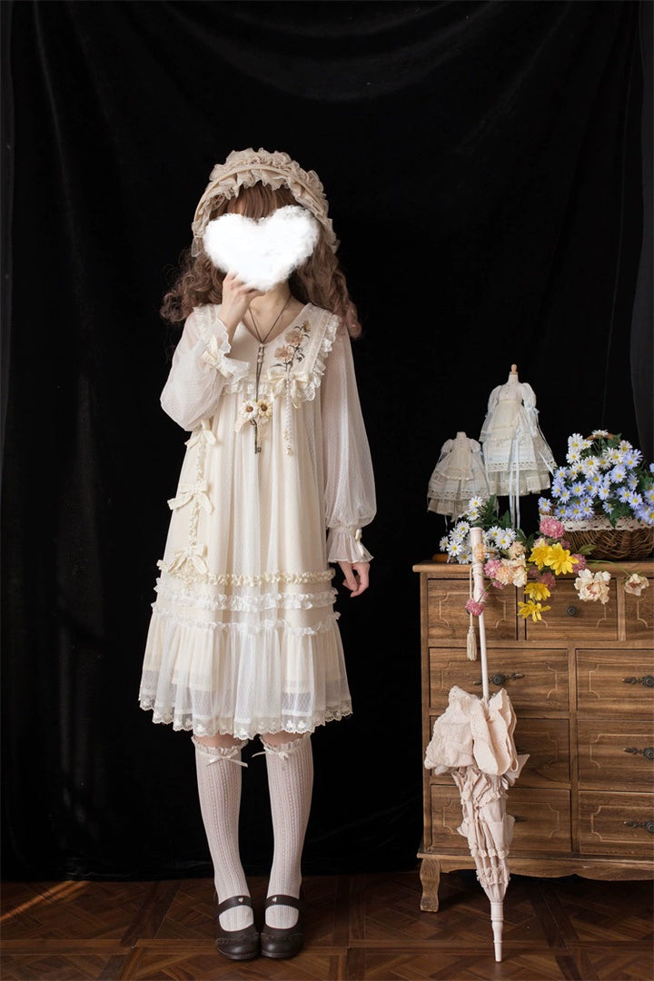 Sunflower Daily Lolita Dress Mori Kei Dress Long Sleeve Dress 36478:552238 36478:552238