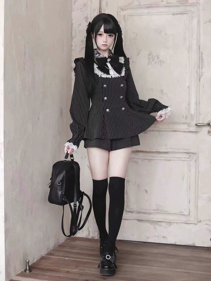 Black Striped Jirai Kei Set Up, Waist-cinching Dress 44921:828306