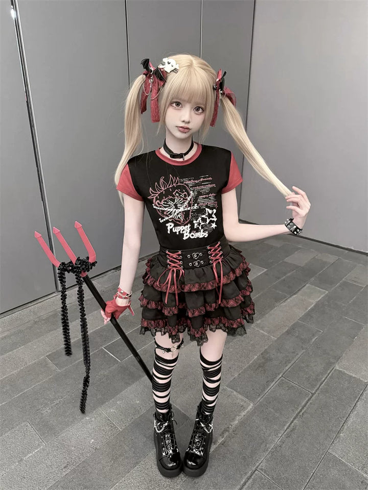 Punk Strawberry and Chain Print T-shirt, Red Plaid Skirt 45365:851395