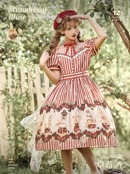 Retro Lolita Dress Strawberry Print Short Sleeve OP Embroidery Shirt 37248:569486