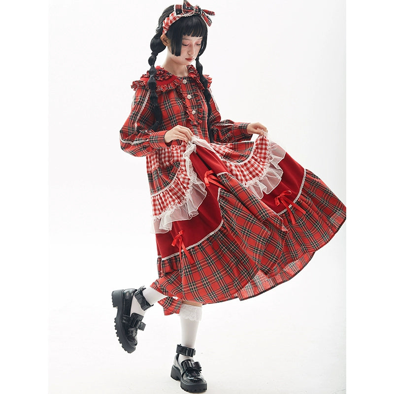 Sweet Lolita Dress Kawaii Dress Retro Dress Red Plaid Dress 36148:542772 36148:542772