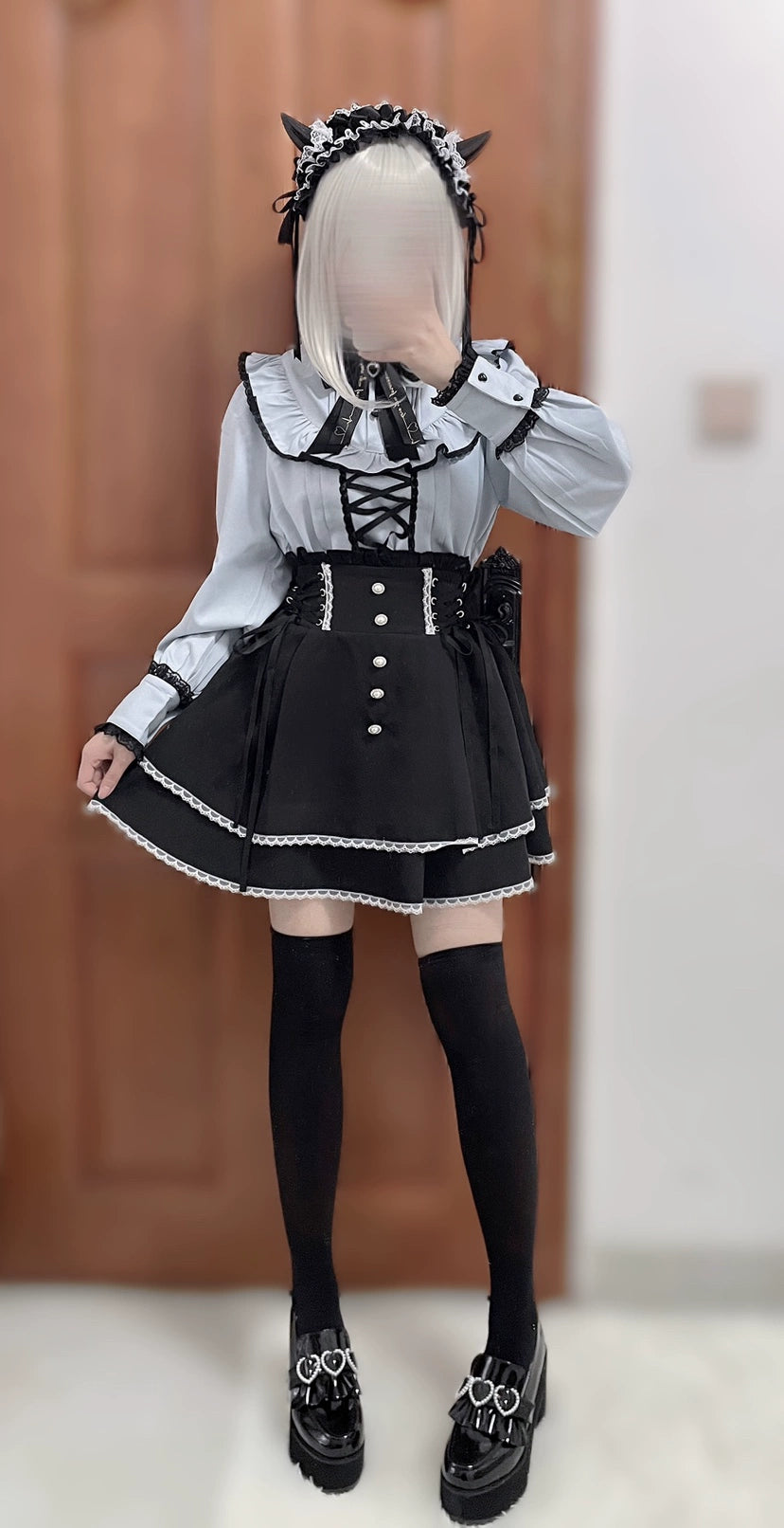 Jirai Kei Pearl Lace Up Butterfly Bow Black Skirt 21738:311046