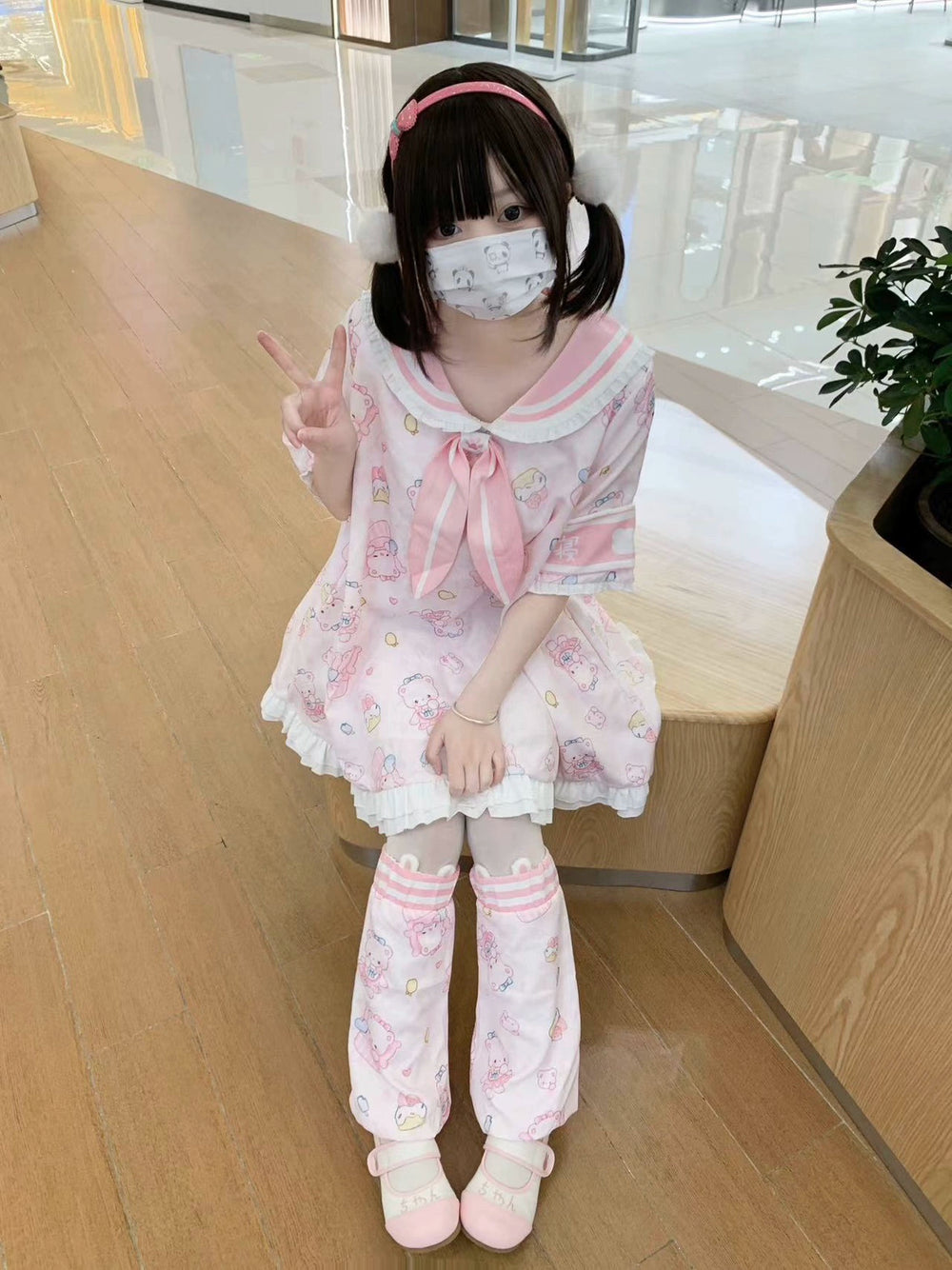 Kawaii Pink Dress Navy Collar Dress And Leg Warmers 38732:599436