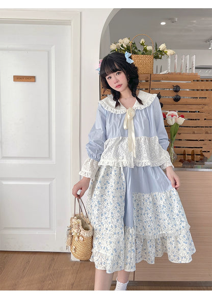 Mori Kei Skirt Patchwork Floral Skirt High Waist Cotton Skirt 36558:531056