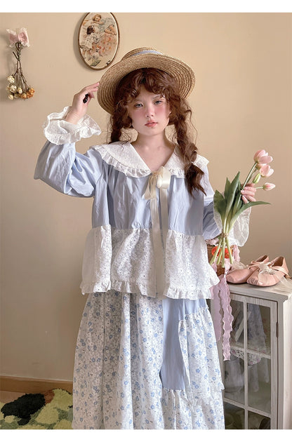 Mori Kei Skirt Patchwork Floral Skirt High Waist Cotton Skirt 36558:531100