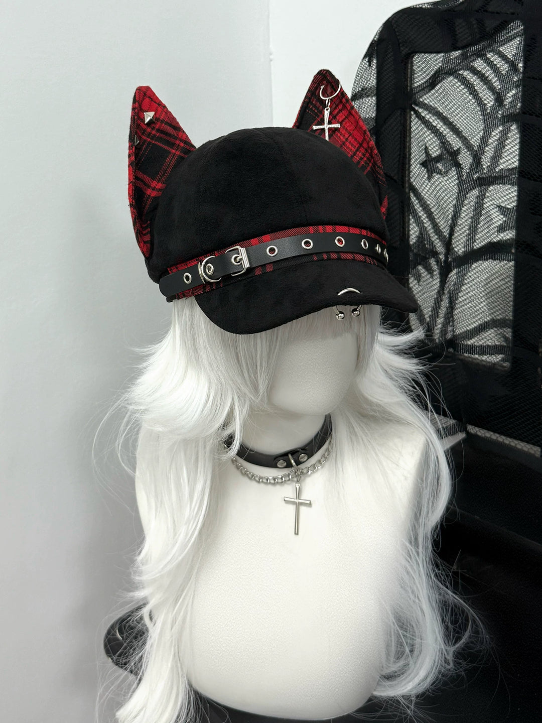 Punk Plaid Hat with Doberman Ears, Back Adjustable Strap 45431:849925