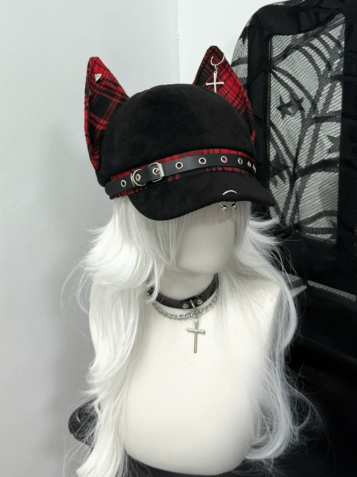Punk Plaid Hat with Doberman Ears, Back Adjustable Strap 45431:849925