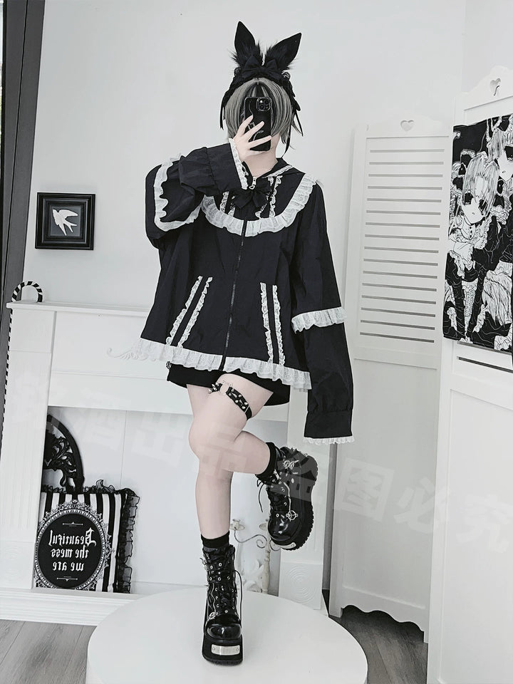 Jirai Kei Lace Trim Sun Protective Jacket, Cat-ear Hood 45652:857247
