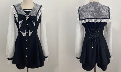 Black Jirai Kei Set Lace Sleeve Sailor Collar Dress Shorts 37650:567924