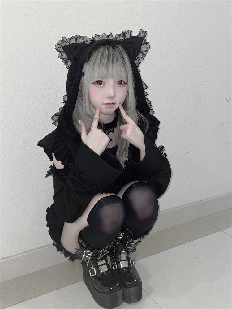 Jirai Kei Black And White Hoodie Cat Ears Hoodie Set (L M S) 35884:522674