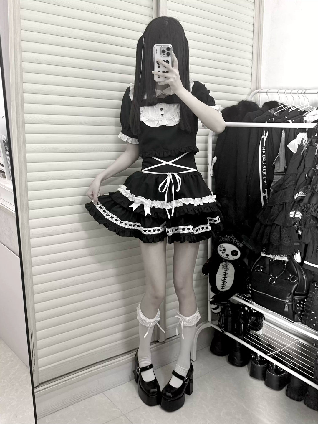 Jirai Kei Striped Blouse and Skirt Set, Pearl-trimmed Collar 45333:848636