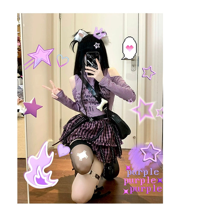 Jirai Kei Outfit Set Purple Bunny Ears Top Plaid Skirt 35824:506518 35824:506518