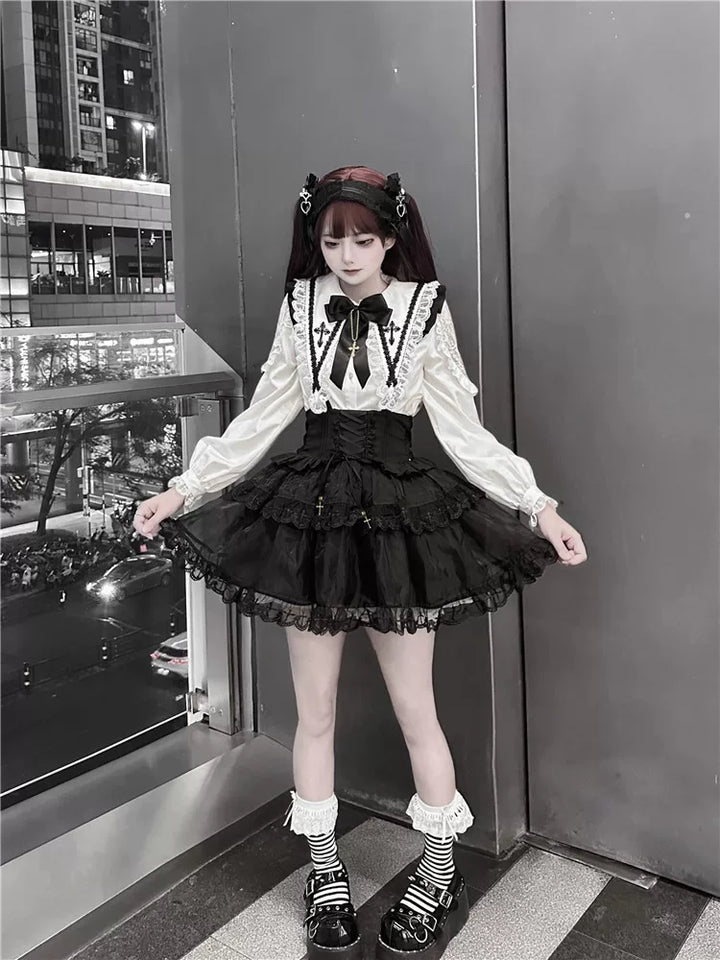 Jirai Kei Flutter Sleeve Suspender Skirt Set, Cross Pendants 45581:860453