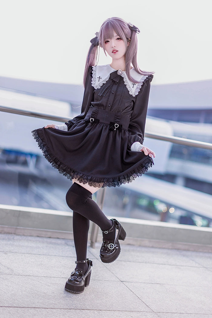 Jirai Kei Set Black Pink Sailor Collar Blouse Cross Skirt 37666:564510