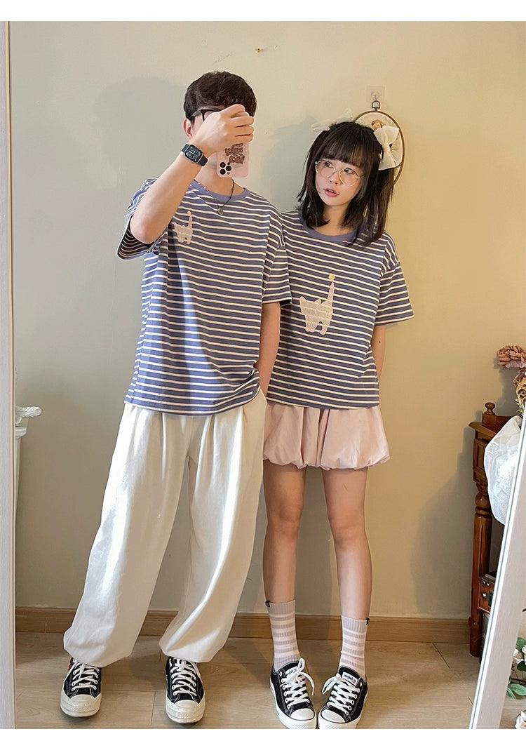 Kawaii Aesthetic Shirt Striped Short Sleeve Cotton Top 36562:518514