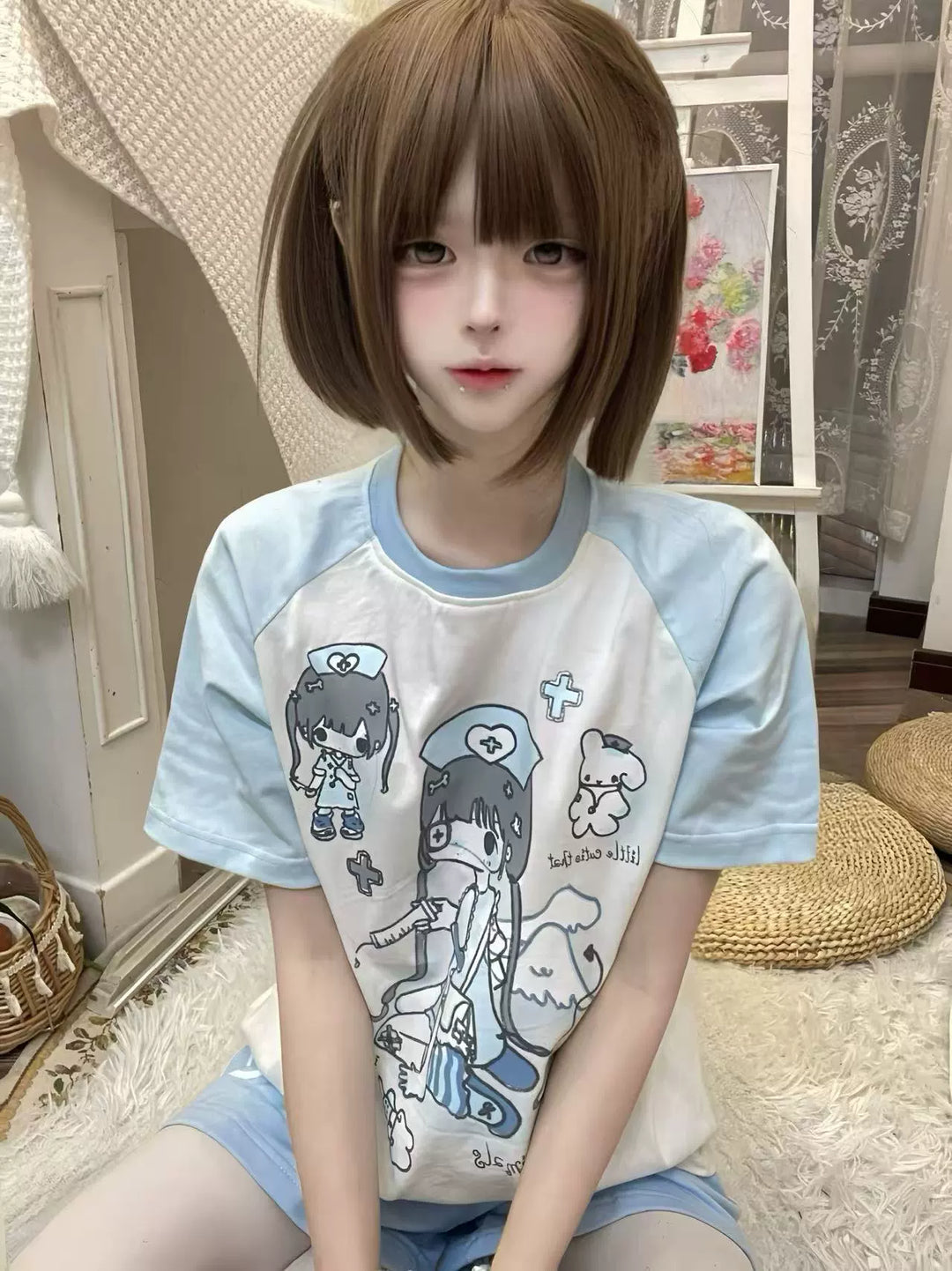 Yami Kawaii Cotton T-Shirt with Angelic Nurse Print 42852:755357