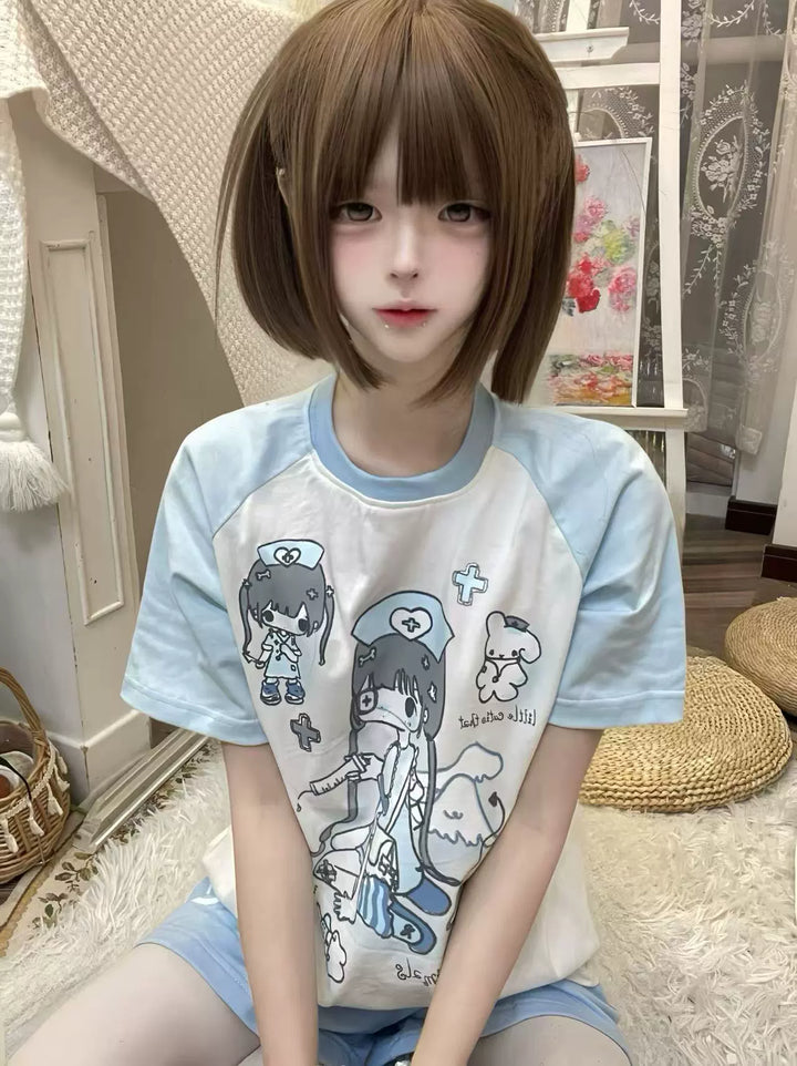 Yami Kawaii Cotton T-Shirt with Angelic Nurse Print 42852:755357